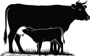 Cow feeding calf silhouette on grass, farm animal love, agriculture concept, mother and baby cattle, CAD drawing flat vector illustration © meri999