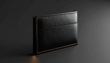 A stylish black leather wallet with orange stitching, angled on a dark surface