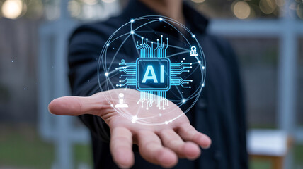 Person presenting AI chip with digital network and icons artificial intelligence technology