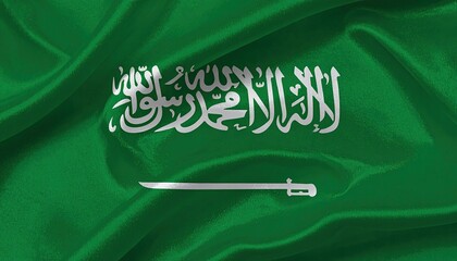 Emerald green flag with white script and sword on a silky background