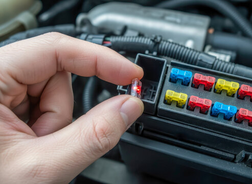 Hand replacing a blown fuse in a car's fuse box under the hood.