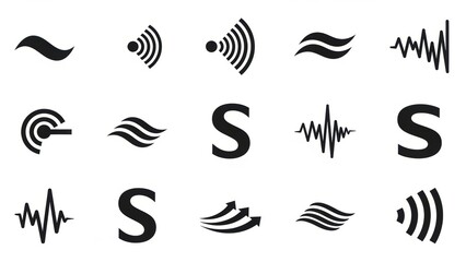 Obraz premium A collection of black and white icons representing sound waves, signals, and the letter S.