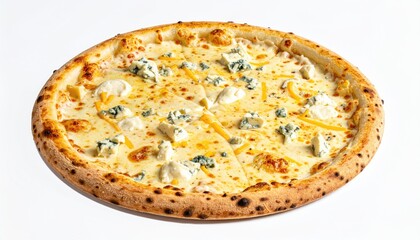 Whole cheesy pizza with four cheeses, sliced, on a white background
