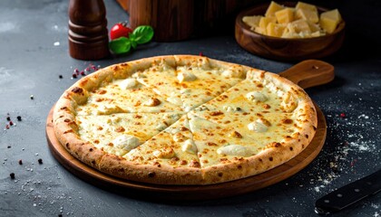 A close-up of a four-cheese pizza on a wooden serving board
