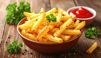 Golden, crispy fried potatoes in a bowl with ketchup & garnish