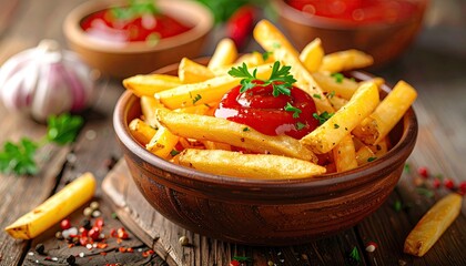 Golden, crispy french fries in a bowl, with ketchup and parsley