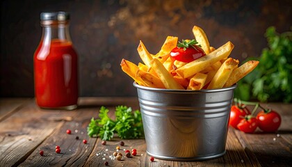 Golden fries in a tin with ketchup and ingredients on a rustic table