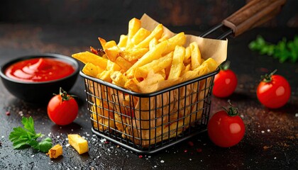 Golden fried potatoes in wire basket, tomatoes, and red sauce
