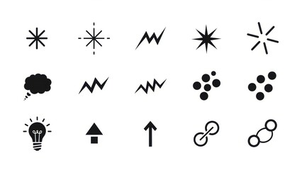 Obraz premium A collection of 15 diverse icons representing abstract concepts, ideas, and symbols, including stars, lightning bolts, thought bubbles, and lightbulbs.