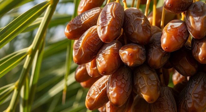 A cluster of ripe brown dates hanging from a date palm tree.