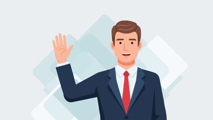 Man in Suit Waving Hand with Documents Behind Him.