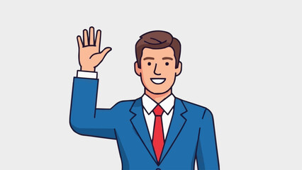 A friendly businessman in a blue suit and red tie waves hello with a smile.