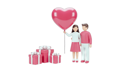 Couple holding heart balloon with gifts for Valentine's Day