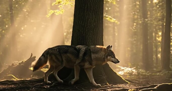 A lone wolf explores a sunlit forest, surrounded by trees and soft, ethereal light