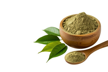 Green tea powder in a wooden bowl isolated on transparent background