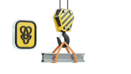 Crane Lifting Steel Beam with Safety Sign