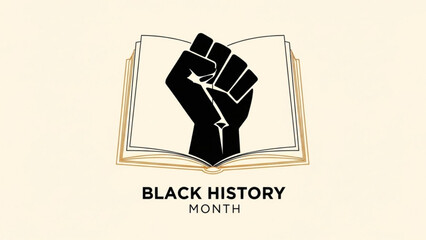 Black history month celebration with raised fist and open book symbol