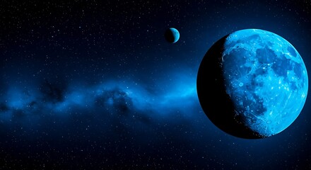 Obraz premium Glowing Blue Planet and Moon in Space with Nebula