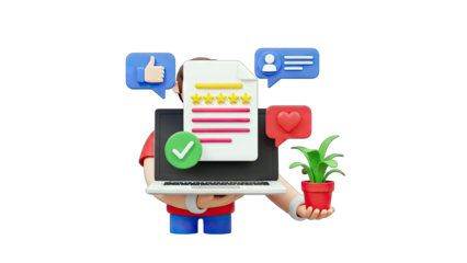 Customer Review Analysis: Person Holding Laptop with Feedback Icons