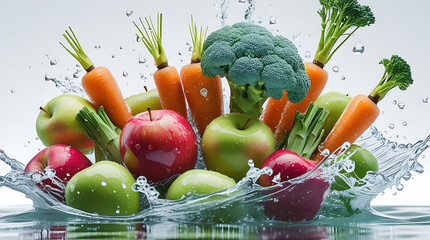 Fresh fruits and vegetables splashing in water apples