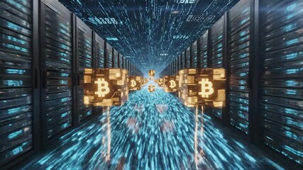 Dynamic visualization of a hightech cryptocurrency mining farm or blockchain data center featuring glowing Bitcoin symbols and rapid blue digital data streams flowing through server racks representin. - Powered by Adobe