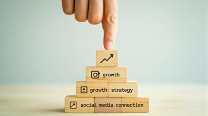 Business growth strategy and social media connection building blocks with increasing chart icon