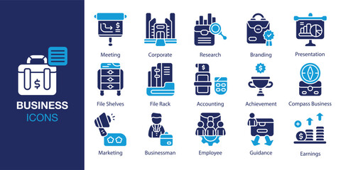 Business Icon set. Containing finance, management, strategy, marketing, teamwork and more. Solid vector icons collection. Vector illustration.