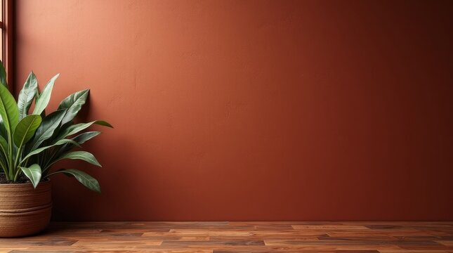 Lush green plant in woven pot against terracotta wall