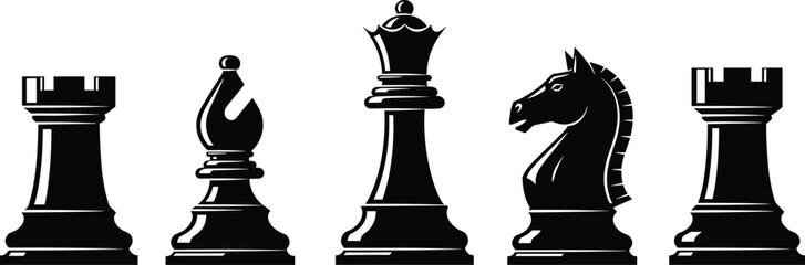 Black chess pieces silhouette set featuring rook bishop queen knight rook vector illustration isolated on white background for strategy board game design © SreeKhamol