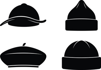 Black hat silhouette collection, baseball cap, beanie, beret, winter headwear icons, minimalist fashion accessories isolated on white background