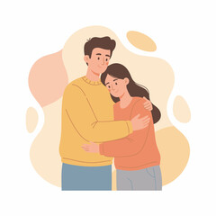 Obraz premium Flat vector illustration of a couple hugging warmly, expressing emotional support, love, comfort, and care in a calm and intimate moment.