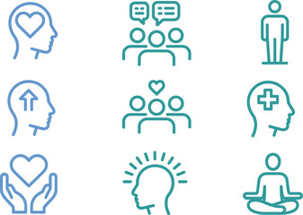 Mental health and wellbeing line icons set showing mindfulness support empathy communication therapy self care vector collection
