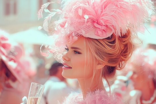 elegant woman in pastel dress and vibrant fascinator hat holding champagne glass, smiling at outdoor racecourse event, stylish and luxurious vibe, no text.