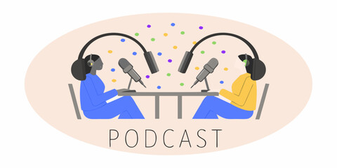 Two people recording a podcast with microphones in a colorful illustration