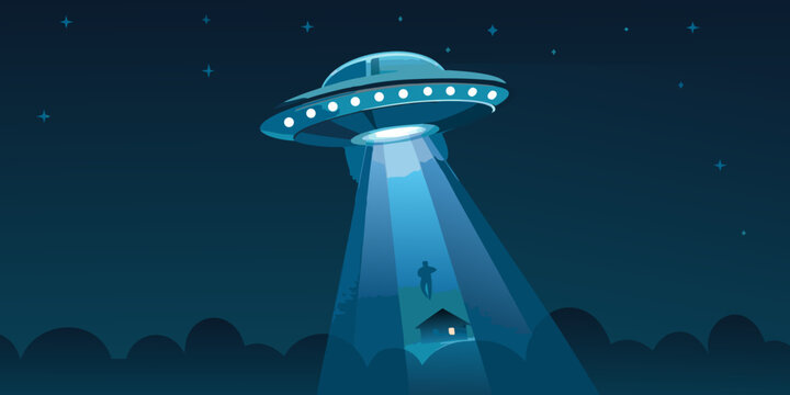Ufo hovering over a small house with a bright beam of light shining down