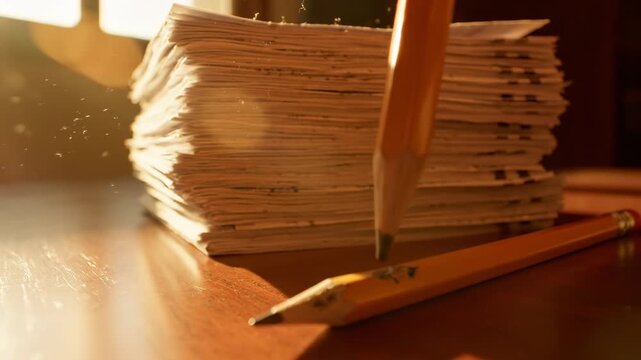 Golden hour cinematic still life close-up of a completed stack of generic answer sheets next to a dull, discarded pencil indicating successful completion of a major project relief, achievement, stack
