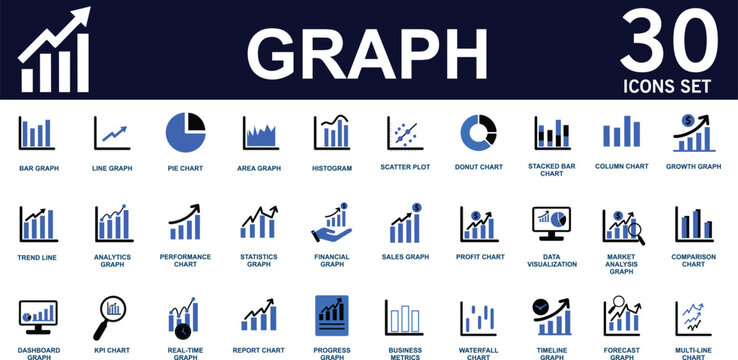 30 Graph Icons Set for Business Analytics Showing Bar Line Pie Area Charts KPI Dashboard Statistics Growth Performance Data Visualization Symbols for Web App UI UX Infographic Design