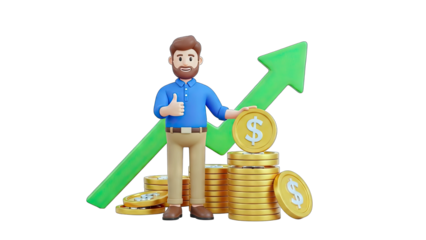 Investor with Dollar Coins and Growth Arrow