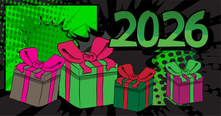 Cartoon Gift Box and number 2026, comic book Celebration. Retro vector comics pop art design.