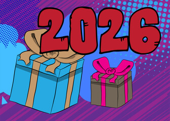 Cartoon Gift Box and number 2026, comic book Celebration. Retro vector comics pop art design.