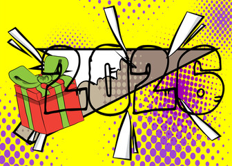 Cartoon Gift Box and number 2026, comic book Celebration. Retro vector comics pop art design.