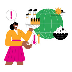Environmental Crisis Illustration with Factory Emissions and Climate Change, World Environment Day Concept with Global Warming and Melting Ice