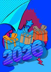 Cartoon Gift Box and number 2026, comic book Celebration. Retro vector comics pop art design.