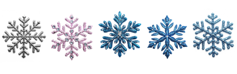 A collection of five snowflakes, each with a different color and style, arranged in a row.