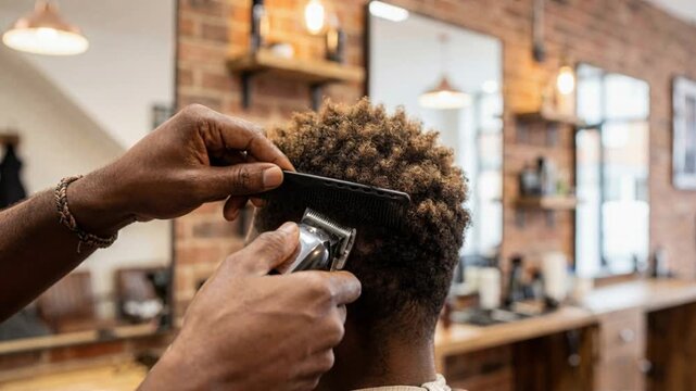 Close-up of barber's hands carefully styling a black man's afro hair with comb and clippers in the barbershop with subtle camera movement