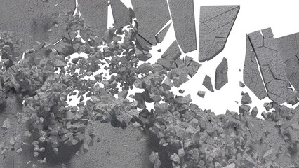 Wall description involves a sudden, forceful rupture, sending debris like concrete