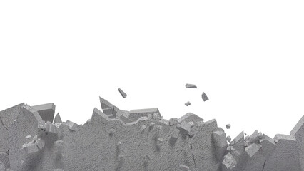 Wall description involves a sudden, forceful rupture, sending debris like concrete