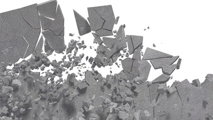 Wall description involves a sudden, forceful rupture, sending debris like concrete