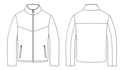 Technical drawing of a jacket with zipper and pockets from front and back isolated on transparent background