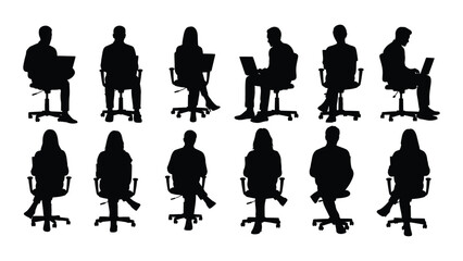 Diverse people working on laptops and in chairs a collection of black shapes silhouette